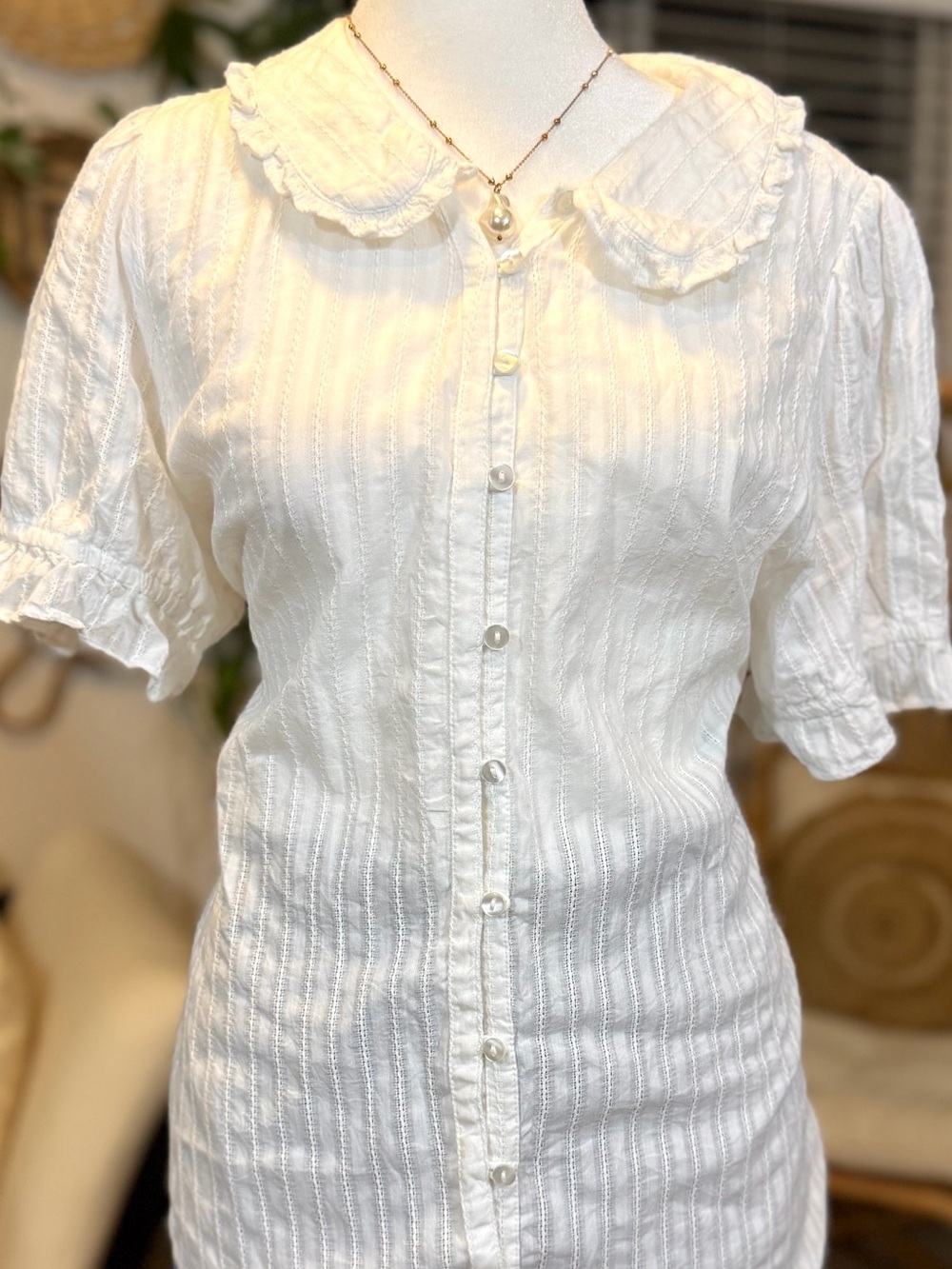 Quince 100% Cotton Boho Peasant RomanticWhite Ruffle Short Sleeve Blouse XL - Picture 5 of 12